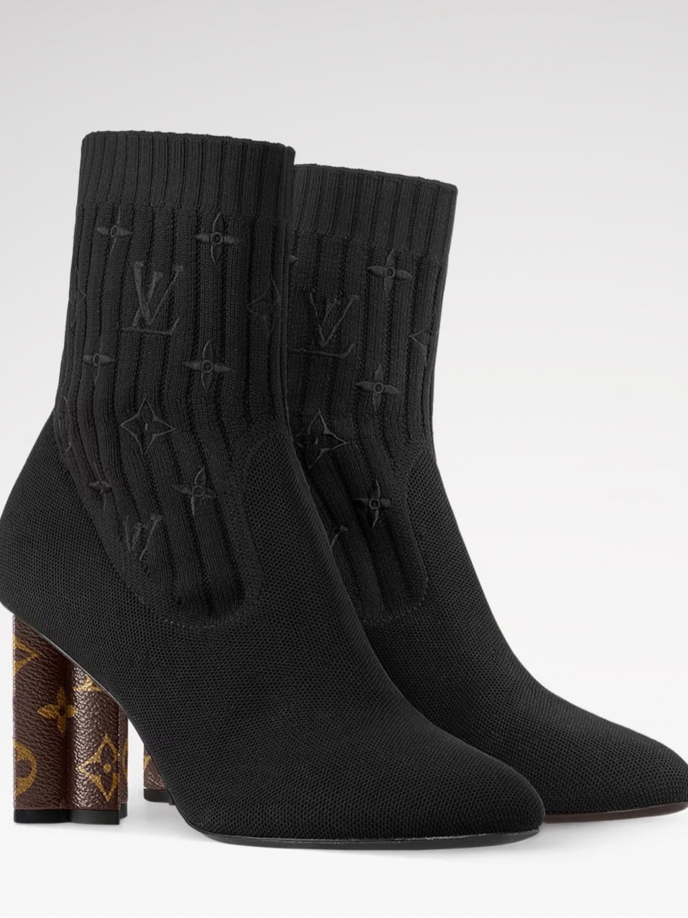 Louis Vuitton Black Knit Sock Ankle Boots with Monogram Block Heel